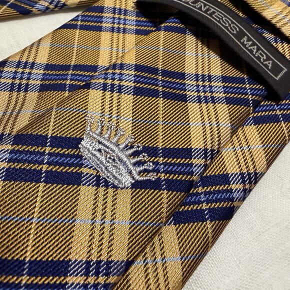 Countess Mara Silk Plaid Tie – Gold & Navy with Crown Crest - Picture 3 of 10